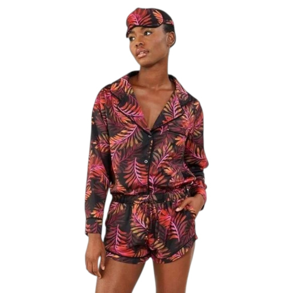 Plush NWT Faux Silk Neon Palm PJ Set + Eye Mask XS Bright Tropical Sleepwear